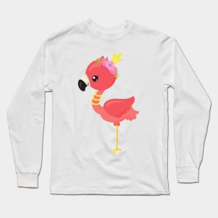 Princess Flamingo, Crown, Cute Flamingo, Flowers Long Sleeve T-Shirt